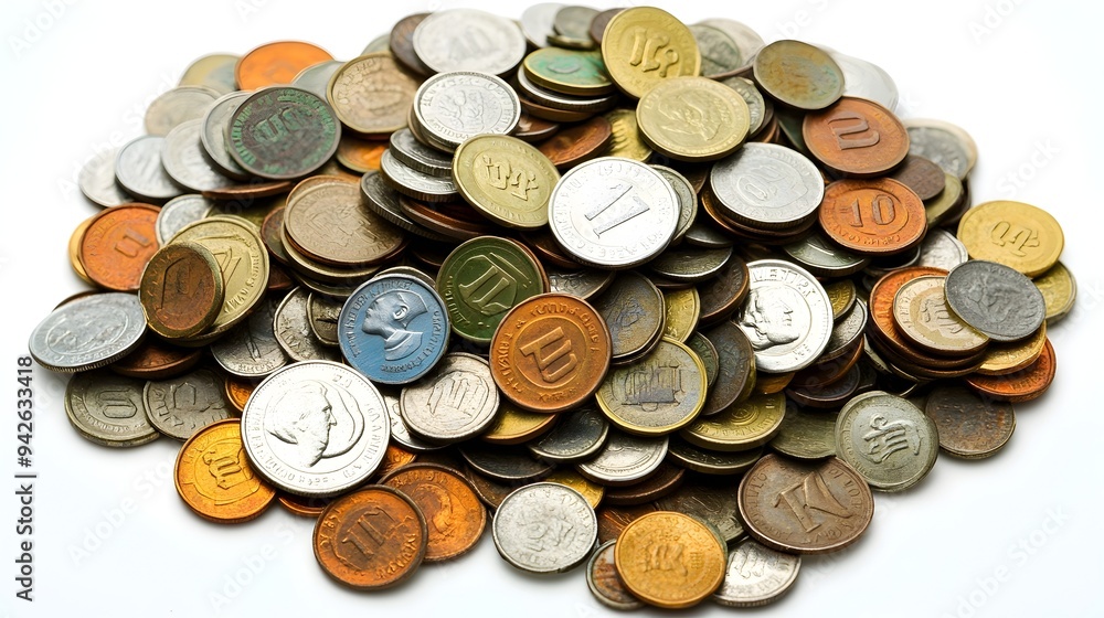 Poster a photograph capturing a collection of loose change in different denominations such as coins of vari