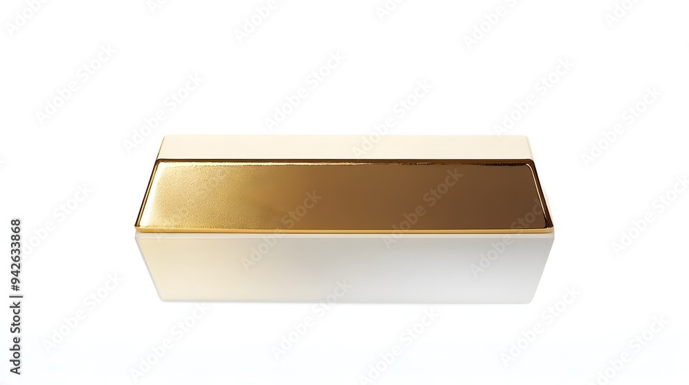 Poster closeup view of a single lustrous gold bar with a strong reflection on a smooth minimalistic surface