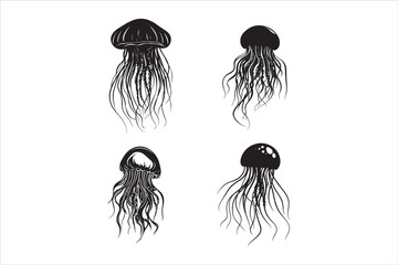 Obraz premium Trending Jellyfish Silhouette, Modern Marine life, Ocean, Sea creature, Underwater, Aquatic, Minimalist, Sea life, Transparent, Abstract, Vector, Sea, Black and white, Illustration, Marine, 