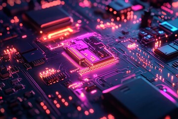 Obraz premium Close-up of a glowing circuit board with a prominent chip