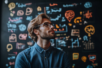 Selective focus office worker with creative thinking, Portrait of man with hairy beard while thinking about their lift, Man wearing glasses with curious face.