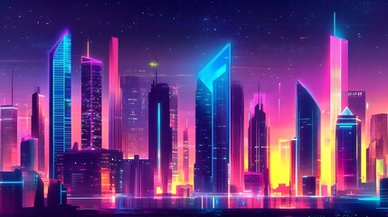 Fototapeta premium Futuristic cityscape with towering neon lit skyscrapers modern architecture and a vibrant colorful urban landscape The scene depicts a futuristic