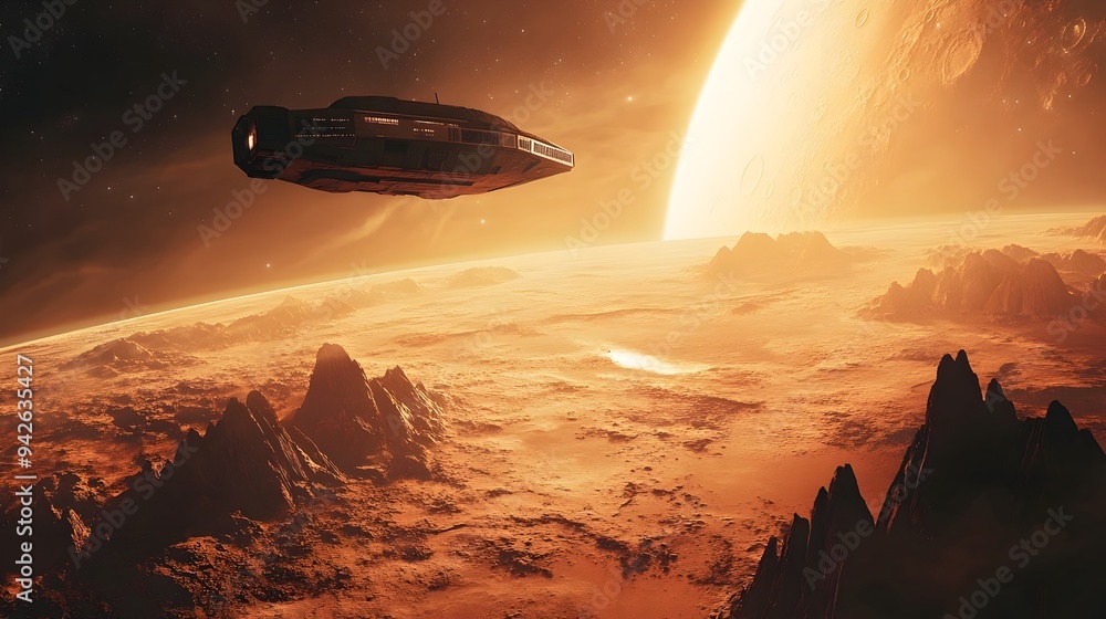 Poster a futuristic spacecraft hovering above the surface of an planet showcasing its expansive and otherwo