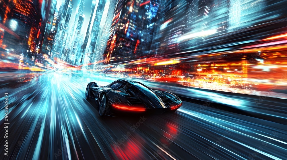 Poster futuristic electric or autonomous vehicle speeding through a futuristic city skyline with copy space