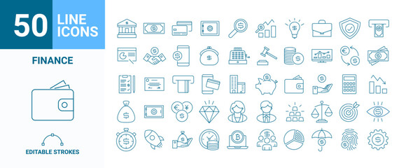 Vector finance editable stroke line icon set with money, bank, check, law, auction, exchance, payment, wallet, deposit, piggy, calculator, web and more isolated outline thin symbol