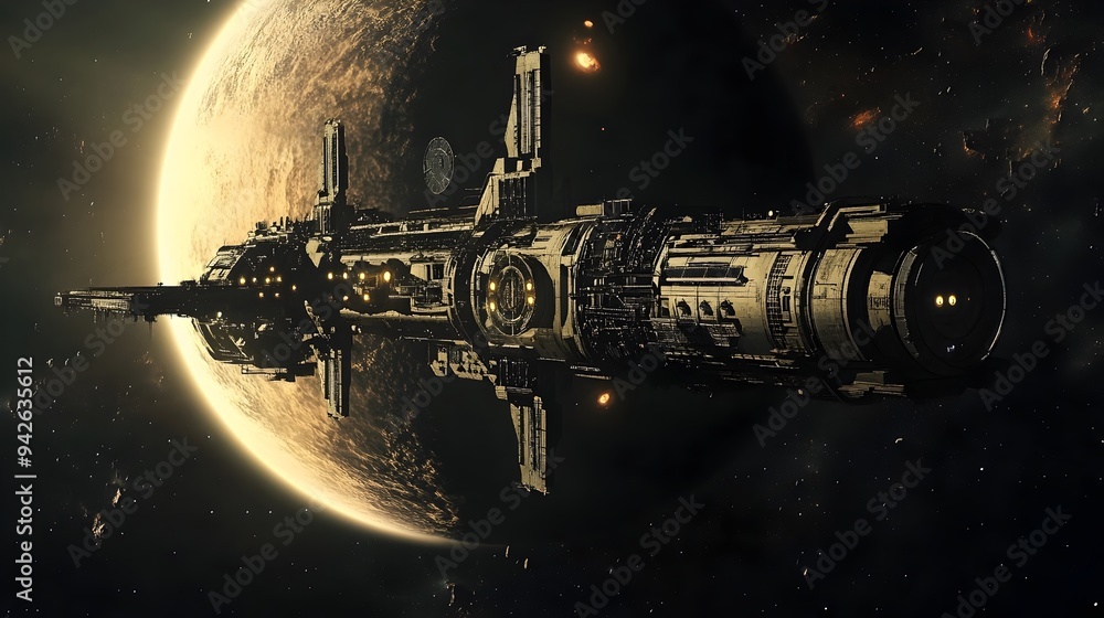 Poster a highly advanced and technologically sophisticated space station orbiting a distant unknown planet 