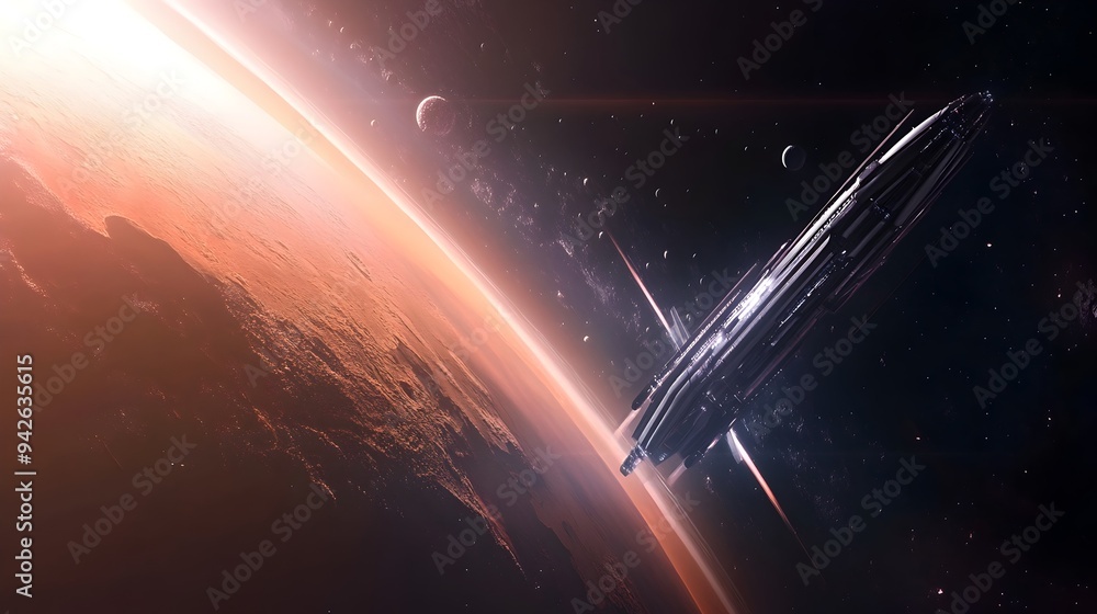 Poster futuristic space station orbiting a distant planet with vast cosmos of stars nebulae and other celes