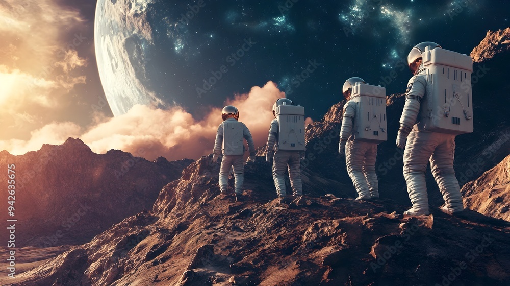 Poster intrepid astronauts navigating an uncharted world venturing into the unknown on a pioneering space m