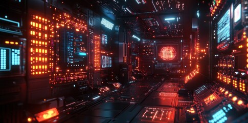 Futuristic Cyberpunk Interior with Red and Blue Lights
