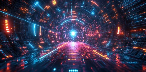 Obraz premium A futuristic digital tunnel with glowing neon lights and intricate circuitry