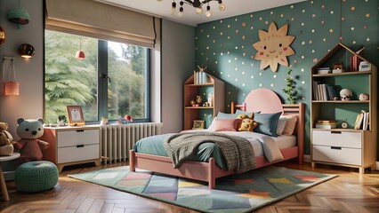 Cozy Kids Bedroom with Green and Pink Decor.
