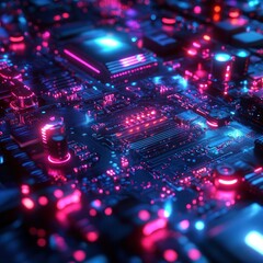 Fototapeta premium Close-up of a Motherboard with Glowing Pink and Blue Lights