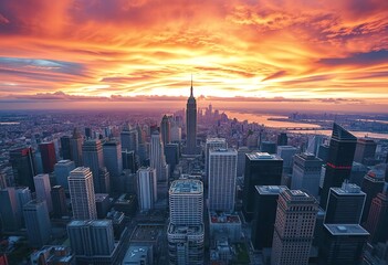 A panoramic view of a large, densely populated city skyline with tall skyscrapers and high-rise buildings against a blue sky with some clouds