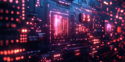 Obraz premium Abstract Futuristic Circuit Board with Red and Pink Neon Lights