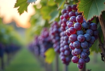 Fototapeta premium Clusters of ripe purple grapes hanging from a vine with green leaves in the background