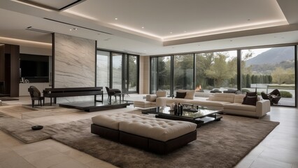 Fototapeta premium Modern Living Room with Large Windows and a View of a Mountainous Landscape