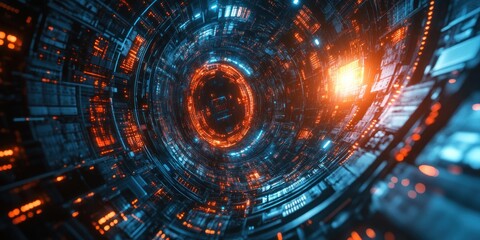 Obraz premium Abstract Digital Tunnel with Orange and Blue Lights