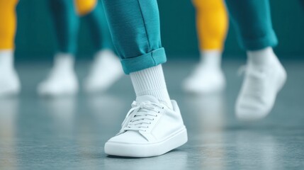 Close-up of white sneakers worn with trendy pants, capturing the essence of urban fashion and style in motion.