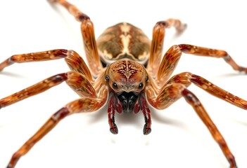 A large brown spider with long legs and fangs on a bright white background