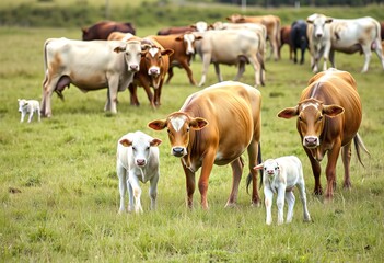 A herd of cows and calves grazing in a grassy field, with some calves in the foreground and adult cows in the background