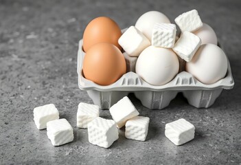 Eggs, marshmallows, and a gray concrete background