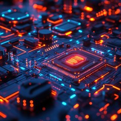 Fototapeta premium Red and Blue Lighted Circuit Board with 