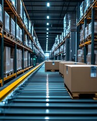 A wide view of a modern warehouse with neatly stacked boxes on shelves and packages moving along a conveyor belt.