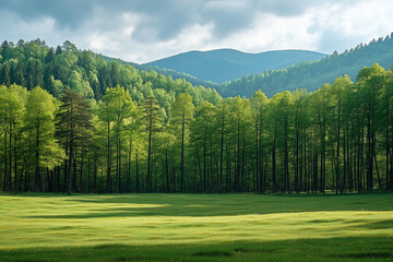 Fototapeta premium Tall green trees in a forest in the mountains