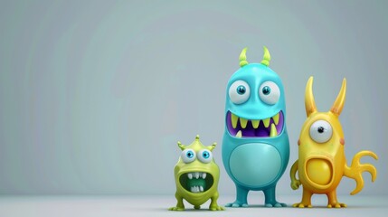 3D cute monster characters with various expressions on plain background, beautiful colors, super detailed, 4K quality