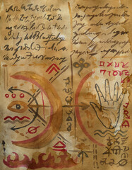 Hand drawn illustration of decorated old page with hand and mystic symbols from witch magic spell book. Gothic, occult and esoteric background. Only fantasy letters, no foreign language