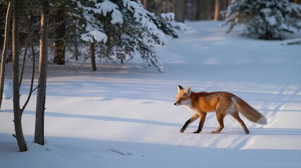 Red Fox in Winter Wonderland: A majestic red fox gracefully traverses a pristine snow-covered forest, bathed in the soft glow of a winter sunrise. The fox's sharp eyes and bushy tail create a sense of