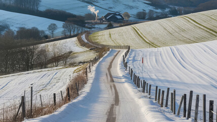 Winter's Embrace: A snow-covered road winds through rolling hills, leading to a cozy farmhouse with smoke curling from its chimney. 
