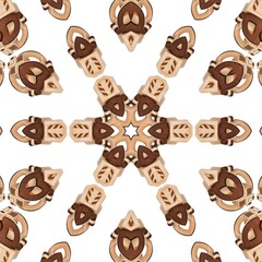 A brown and white circular pattern with a bear in the center. Modern pattern with seamless patterns. Geometric elements. white background.