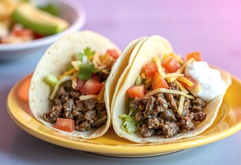 Two hard shell tacos filled with ground beef, lettuce, tomatoes, shredded cheese, and sour cream, served on a yellow plate