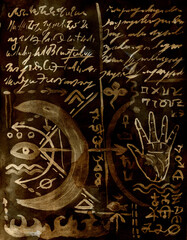 Hand drawn illustration of decorated old page with palm, mystic symbols from witch magic spell book. Gothic, occult and esoteric background. Only fantasy letters, no foreign language