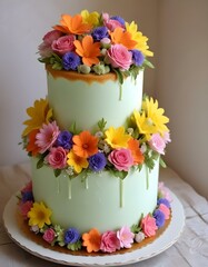 Pastel con flores, plantas y hojas, torta.