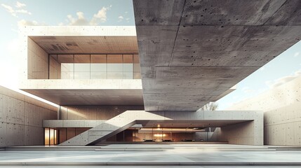 Contemporary office building with minimalist design and vibrant accents, symmetrical front view, professional and modern mood, sleek style.