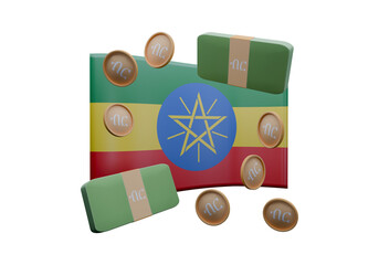 3D render illustration of Ethiopia flag and currency called Birr