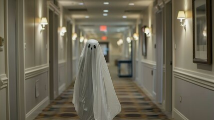 Cute Sheet Ghost in a Vintage Retro Hotel Corridor Hallway