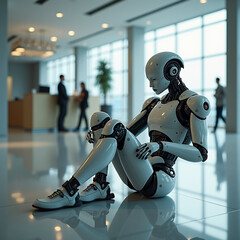 Futuristic Humanoid Robot in Professional Attire Sitting in a Clean, Modern Office Environment &ndash; High-Resolution Concept Art with Soft Ambient Lighting with Generative AI