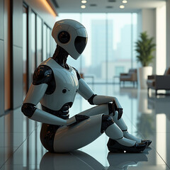 Sleek Humanoid Robot in Professional Attire Awaiting a Job Interview in a Modern Office Lobby &ndash; High Detail Digital Art with Futuristic Design and Soft Ambient Lighting with Generative AI