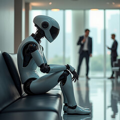 Futuristic Humanoid Robot in a Professional Office Lobby, Awaiting Job Interview &ndash; Detailed Digital Illustration with Soft Ambient Light, Sleek Design, and Sharp Focus with Generative AI