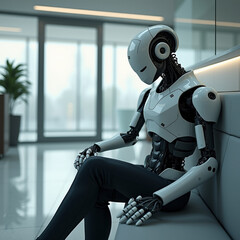 Detailed Digital Illustration of a Humanoid Robot in a Minimalistic Modern Office Lobby, Awaiting a Job Interview &ndash; Futuristic Design and Sharp Focus with Generative AI