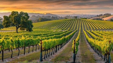 Fototapeta premium Sunrise at a tranquil vineyard with grapevines, agriculture scene, serene ambiance, copy space, full object coverage, deep focus.