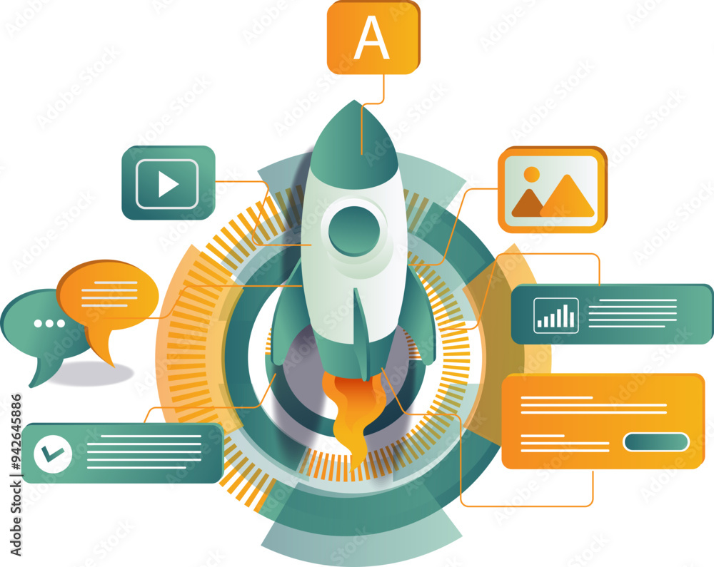 Poster flying rocket with icons floating around it