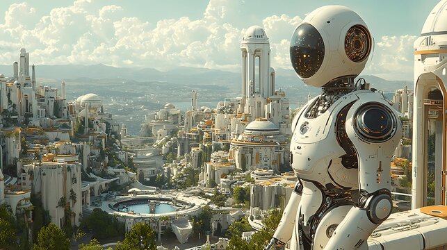 Artistic rendering of Labour Day in a futuristic city, with robots and humans working together in harmony, celebrating progress 