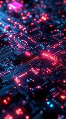 Obraz premium A Close-up View of a Circuit Board with Glowing Red and Blue Lights