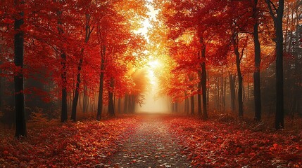 Colorful trees and footpath road in autumn landscape in deep forest. The autumn colors in the...