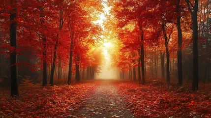 Gordijnen Colorful trees and footpath road in autumn landscape in deep forest. The autumn colors in the forest create a magnificent view. autumn view in nature © Vasiliy