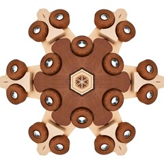 A view of a wooden table with four wooden chairs and a wooden table top. Modern pattern with seamless patterns. Geometric elements. white background.